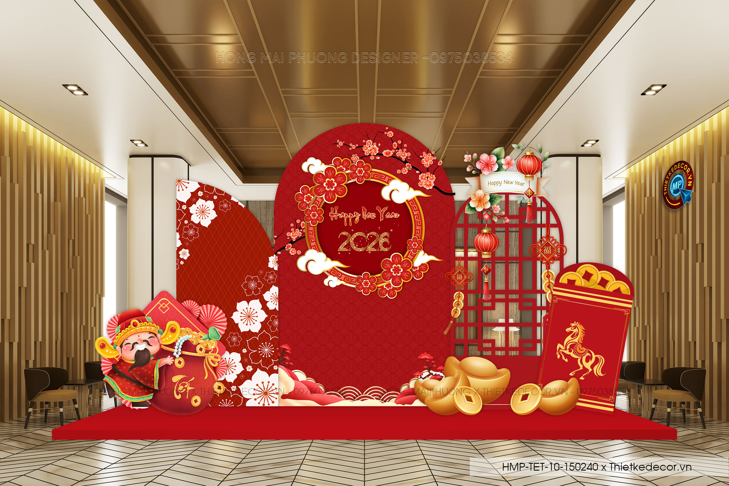 File thiết kế trang trí Tết 2026 Xuân Bính Ngọ. Backdrop checkin Tết.